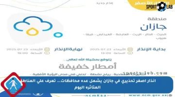إنذار أصفر تحذيري في جازان يشمل عدة محافظات… تعرف على المناطق المتأثرة اليوم